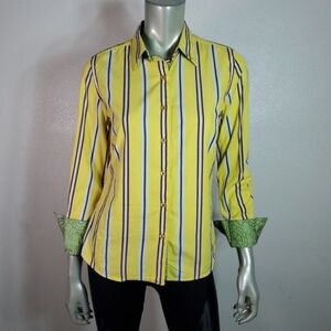 Robert Graham Top Size 6 Flip Cuff Sleeve Embroidered 100% Cotton Striped Yellow
